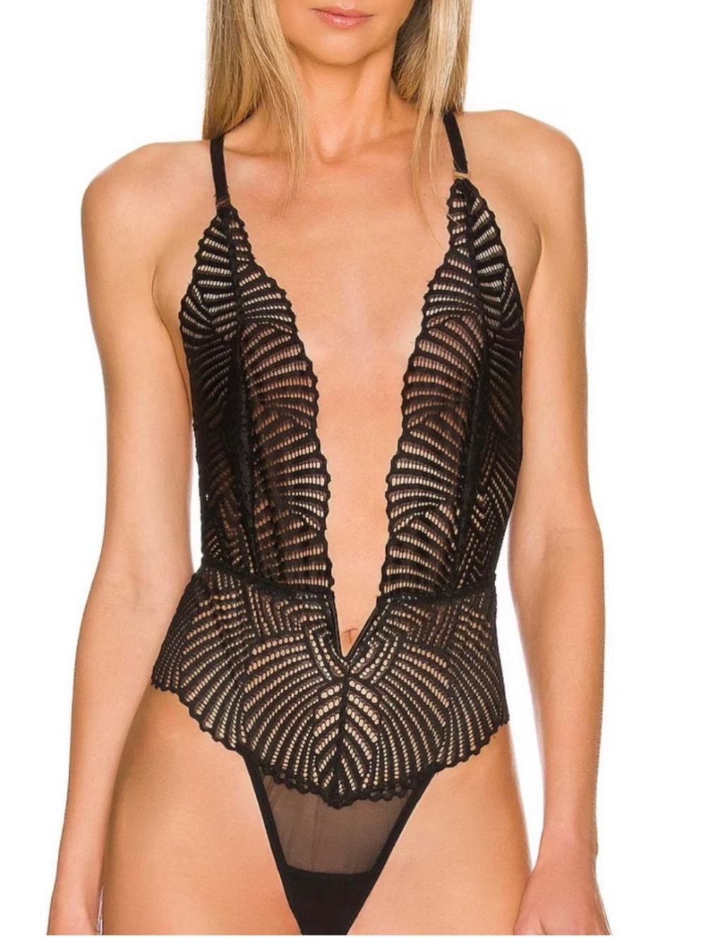 Bluebella Iris plunge front shell lace bodysuit in black size 4/XSmall